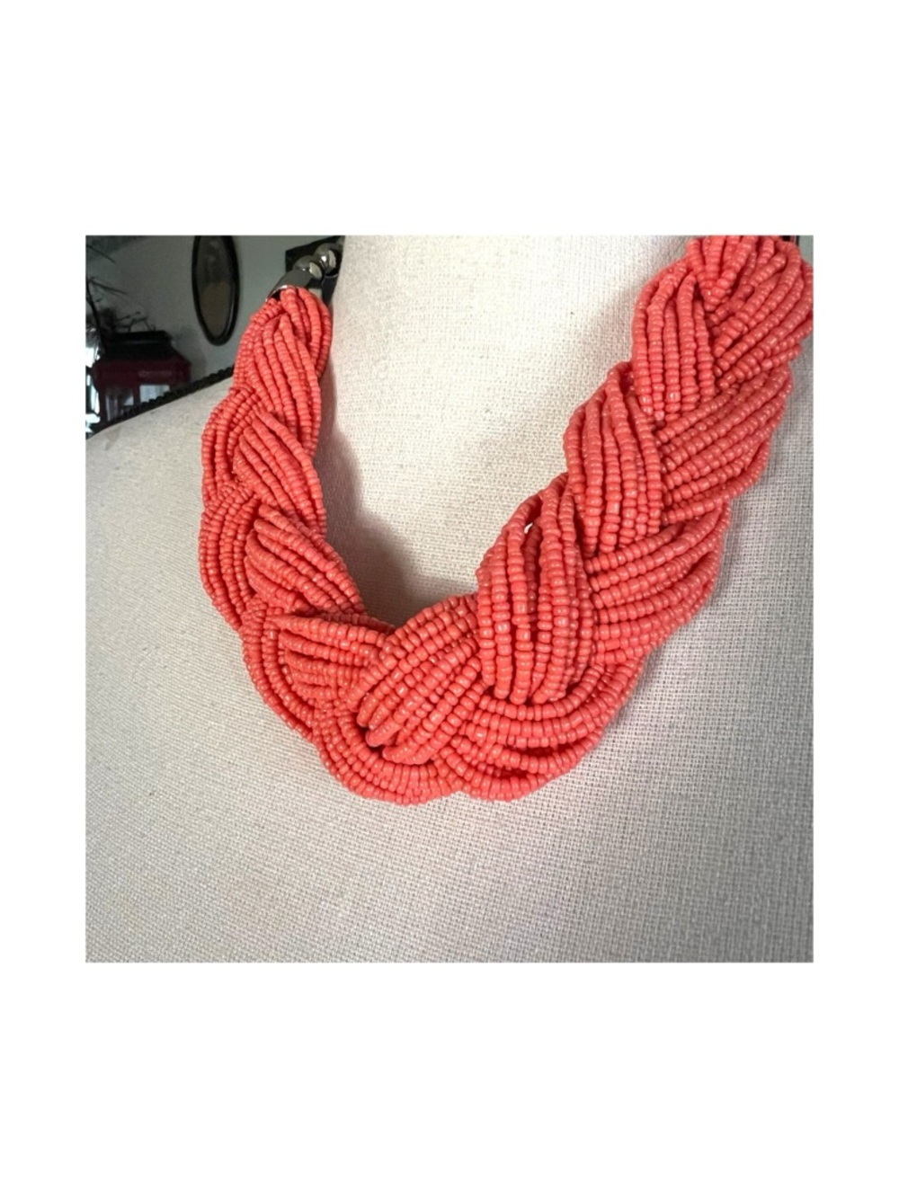 Coral-hued Chunky Braid Seed Bead Necklace.